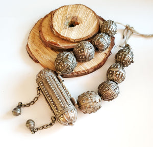 Old silver star burst granulation hallmarked Globe beads Hirz Necklace from Yemen circa 1930s,Bedouin tribal Silver,Ethnic Jewelry