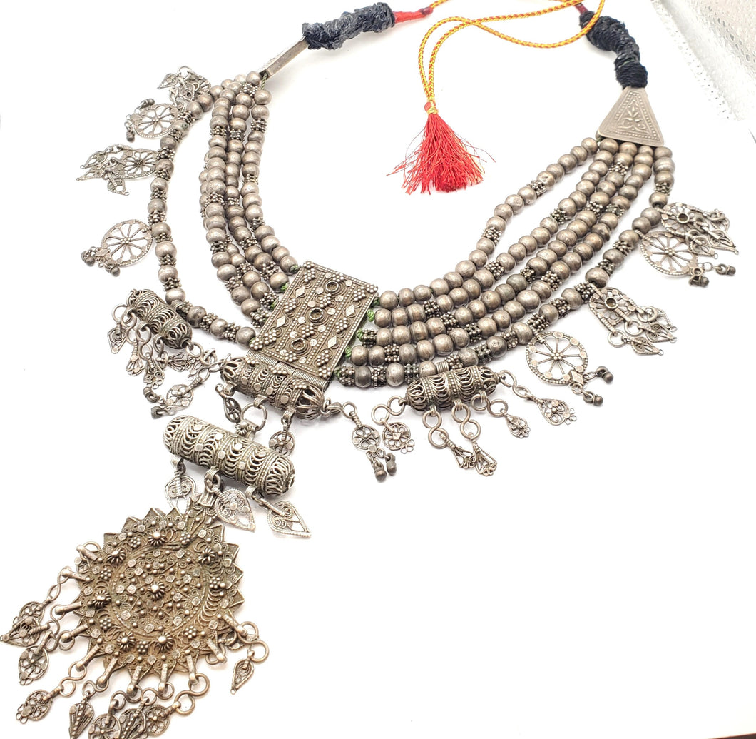 Antique Massive Yemenite silver Bedouin Lazim Kirdan necklace,1910s, Multistrand Necklace, Islamic Filigree, stacking layering.