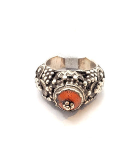 Antique Bawsani Yemen Silver Red Coral Ring size 6 Yemen tribal silver ,tribal jewelry ,Hand Crafted Silver,Yemen Jewelry ,filigree Jewelry
