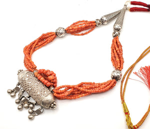 original Antique Yemeni Silver natural red coral Beads Bawsan iIslamic Filigree Multi-Strand Beads Necklace, Ethnic Jewelry, circa 1910s