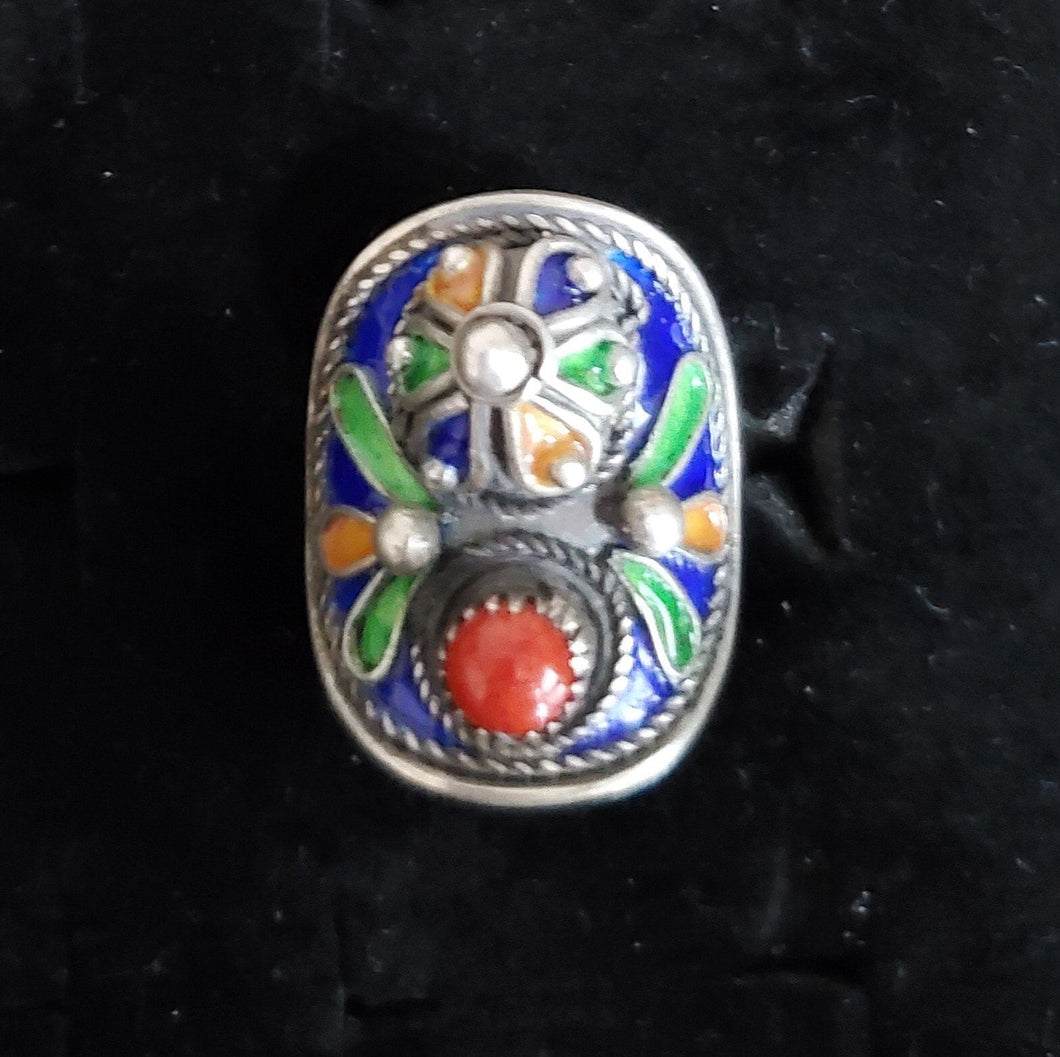 Moroccan enamel and genuine coral sterling silver 925 Berber Ring size 7.5, Ethnic Rings, Tribal Jewelry, Moroccan Rings, Berber Jewelry