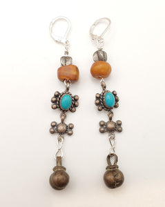 Antique Moroccan Natural old amber Beads Earrings Tribal Jewelry, Dangle & Drop Earrings, sliver Earrings, sliver Tribal,African Earrings,