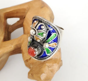 Moroccan enamel and genuine coral sterling silver 925 Berber Ring size 7.5, Ethnic Rings, Tribal Jewelry, Moroccan Rings, Berber Jewelry