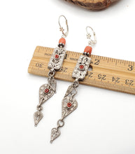 Load image into Gallery viewer, Antique Bawsani Yemen dangling Bells silver Earrings with coral Beads Earrings, yemeni jewelry,danglin Earrings,Bawsani Earrings
