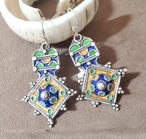 Moroccan Berber Sterling Silver enamels Dangle Earrings, Berber Jewelry, sliver Earrings, Dangle & Drop Earrings,