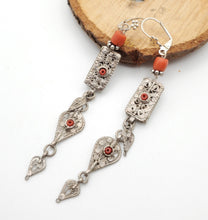 Load image into Gallery viewer, Antique Bawsani Yemen dangling Bells silver Earrings with coral Beads Earrings, yemeni jewelry,danglin Earrings,Bawsani Earrings
