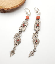 Load image into Gallery viewer, Antique Bawsani Yemen dangling Bells silver Earrings with coral Beads Earrings, yemeni jewelry,danglin Earrings,Bawsani Earrings
