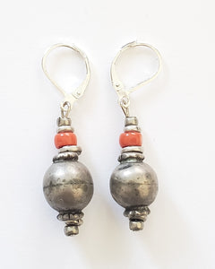 Antique silver coral Beads Earrings Ethnic Tribal