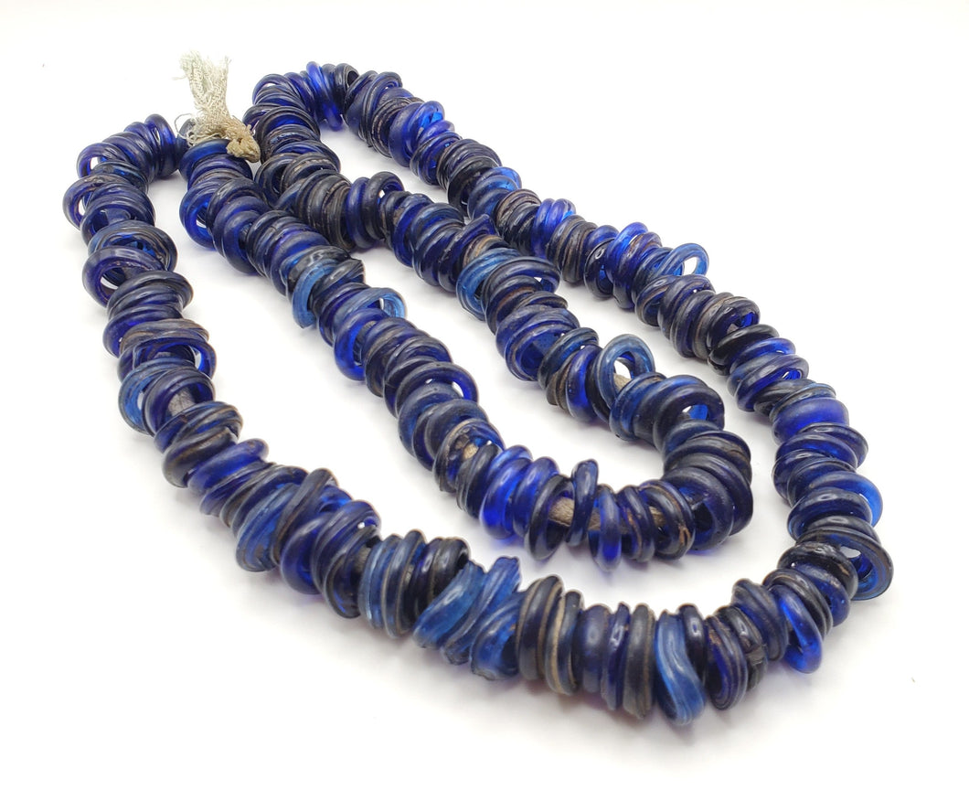 Rare Long Strands of Antique Dutch Donut Blue Annular Wound Glass Trade Beads, African Trade, 19th centuries, Trade Beads