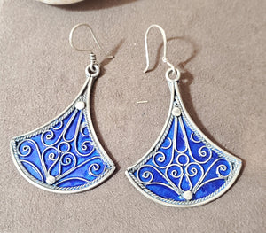 Moroccan blue Enamel Earrings sterling 925 silver, Berber Earrings, sliver Earrings, Dangle & Drop Earrings,