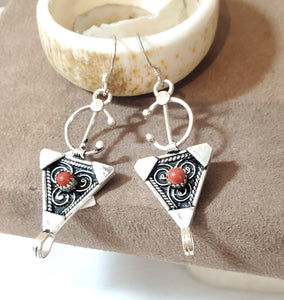 Moroccan Berber Sterling Silver enamels Coral Dangle Earrings ,Berber Jewelry,sliver Earrings,Dangle & Drop Earrings,