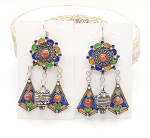 Moroccan Berber Sterling Silver enamels Coral Dangle Earrings ,Berber Jewelry,sliver Earrings,Dangle & Drop Earrings,