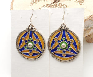 Moroccan green, yellow, blue Enamel Earrings sterling 925 silver, Berber Earrings, sliver Earrings, Dangle & Drop Earrings,