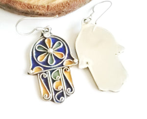 Moroccan Hand of Fatima Hamsa blue Enamel Earrings sterling silver 925,Hand of Fatima Jewelry,sliver Earrings,Dangle & Drop Earrings,