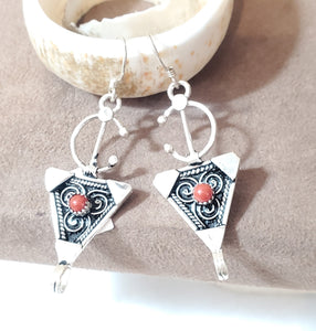 Moroccan Berber Sterling Silver enamels Coral Dangle Earrings ,Berber Jewelry,sliver Earrings,Dangle & Drop Earrings,