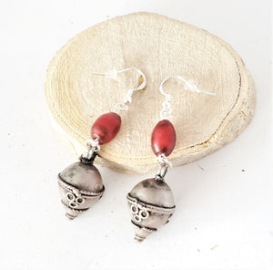 Old silver red glass Beads Earrings Ethiopia Ethnic Tribal,Ethnic Jewelry,sliver Earrings,Dangle & Drop Earrings,Tribal Jewelry,