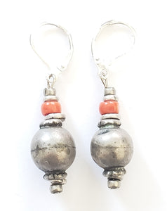 Antique silver coral Beads Earrings Ethnic Tribal