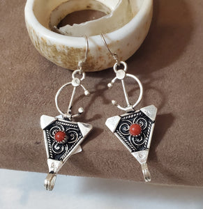 Moroccan Berber Sterling Silver enamels Coral Dangle Earrings ,Berber Jewelry,sliver Earrings,Dangle & Drop Earrings,