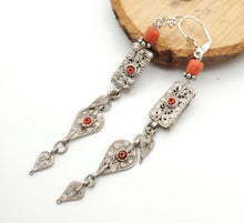 Load image into Gallery viewer, Antique Bawsani Yemen dangling Bells silver Earrings with coral Beads Earrings, yemeni jewelry,danglin Earrings,Bawsani Earrings
