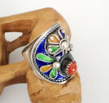 Load image into Gallery viewer, Moroccan enamel and genuine coral sterling silver 925 Berber Ring size 7.5, Ethnic Rings, Tribal Jewelry, Moroccan Rings, Berber Jewelry
