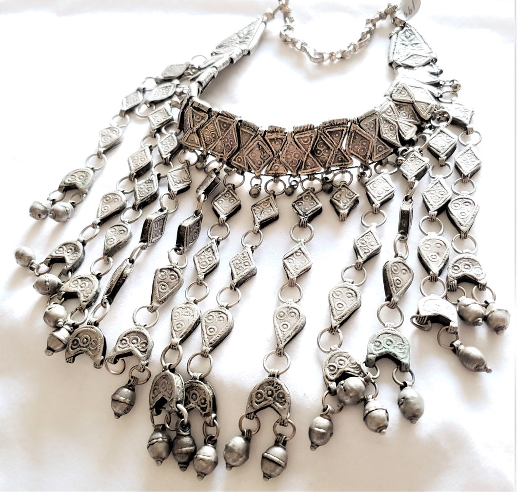 Antique Bawsani Silver Granulated Dangle Necklace: Yemen Tribal Jewelry