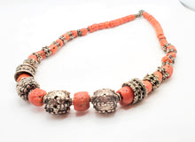 Load image into Gallery viewer, Antique Silver Filigree Coral Necklace: Yemen Tribal Jewelry
