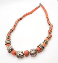 Load image into Gallery viewer, Antique Silver Filigree Coral Necklace: Yemen Tribal Jewelry
