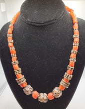 Load image into Gallery viewer, Antique Silver Filigree Coral Necklace: Yemen Tribal Jewelry
