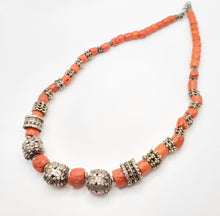 Load image into Gallery viewer, Antique Silver Filigree Coral Necklace: Yemen Tribal Jewelry
