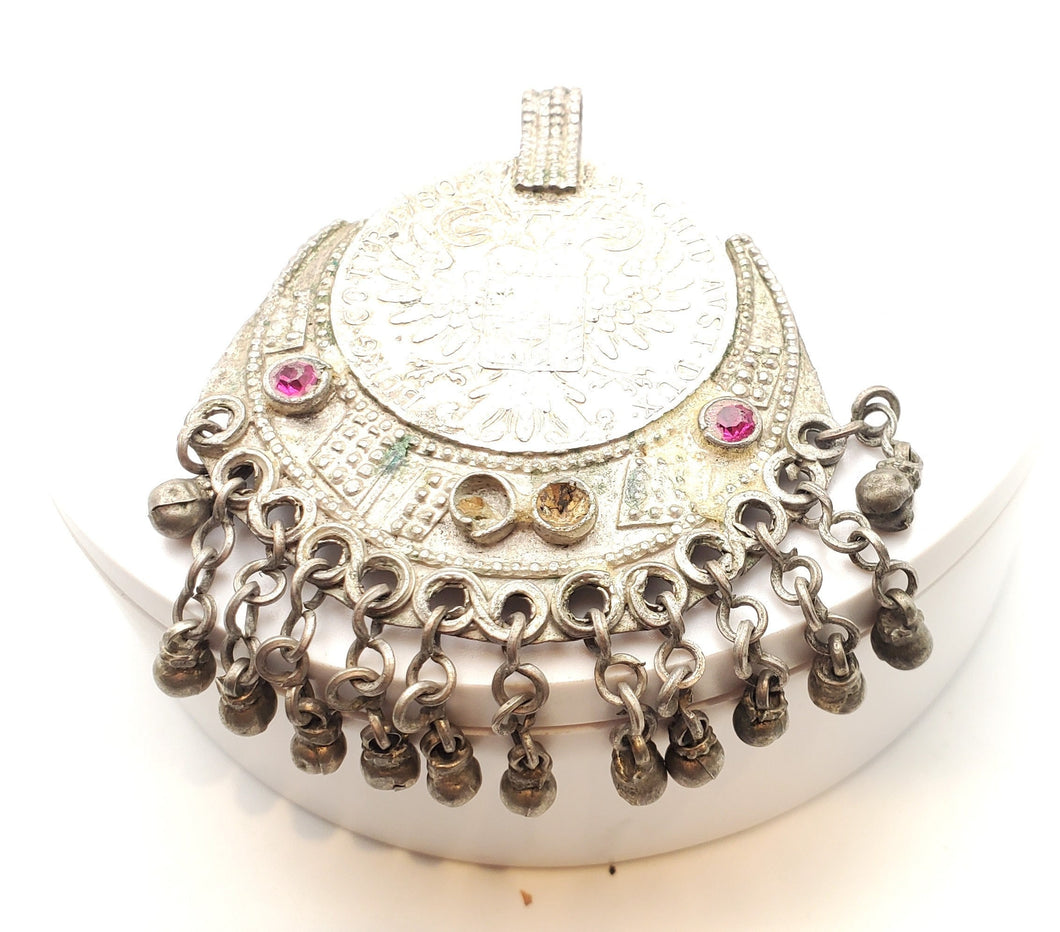 Antique Yemen Silver Dangle Pendant: Maria Theresa Coin Jewelry