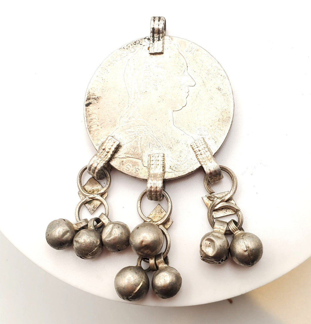 Antique Yemen Silver Maria Theresa Coin Pendant with Dangles