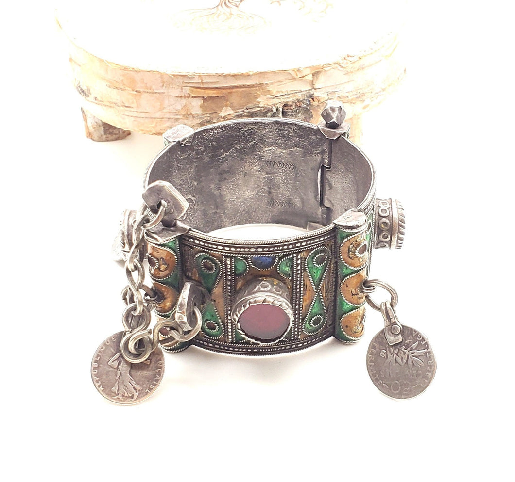 Antique Silver Berber Bracelet: Moroccan Enamel & Glass, Early 19th Century