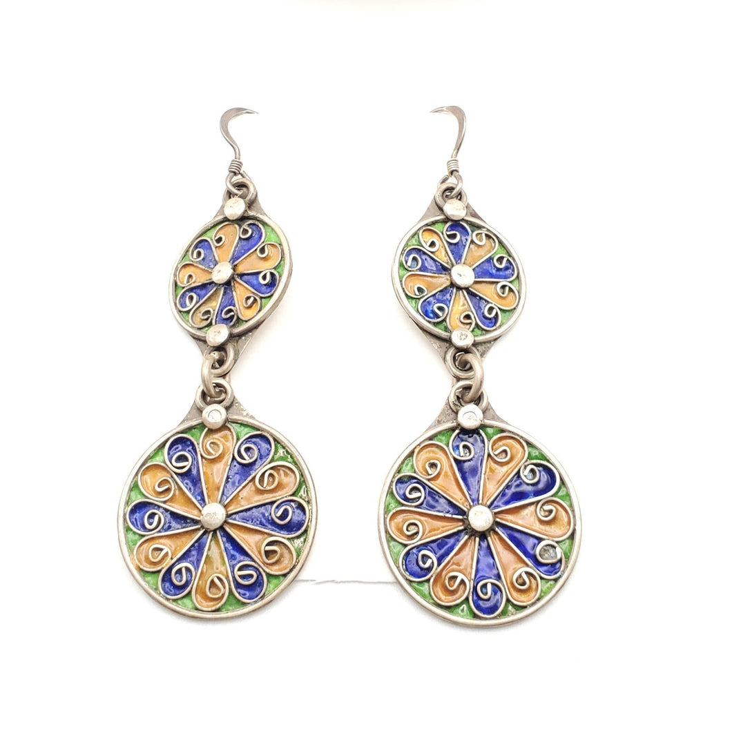 Moroccan Berber Sterling Silver Enamel Dangle Earrings
