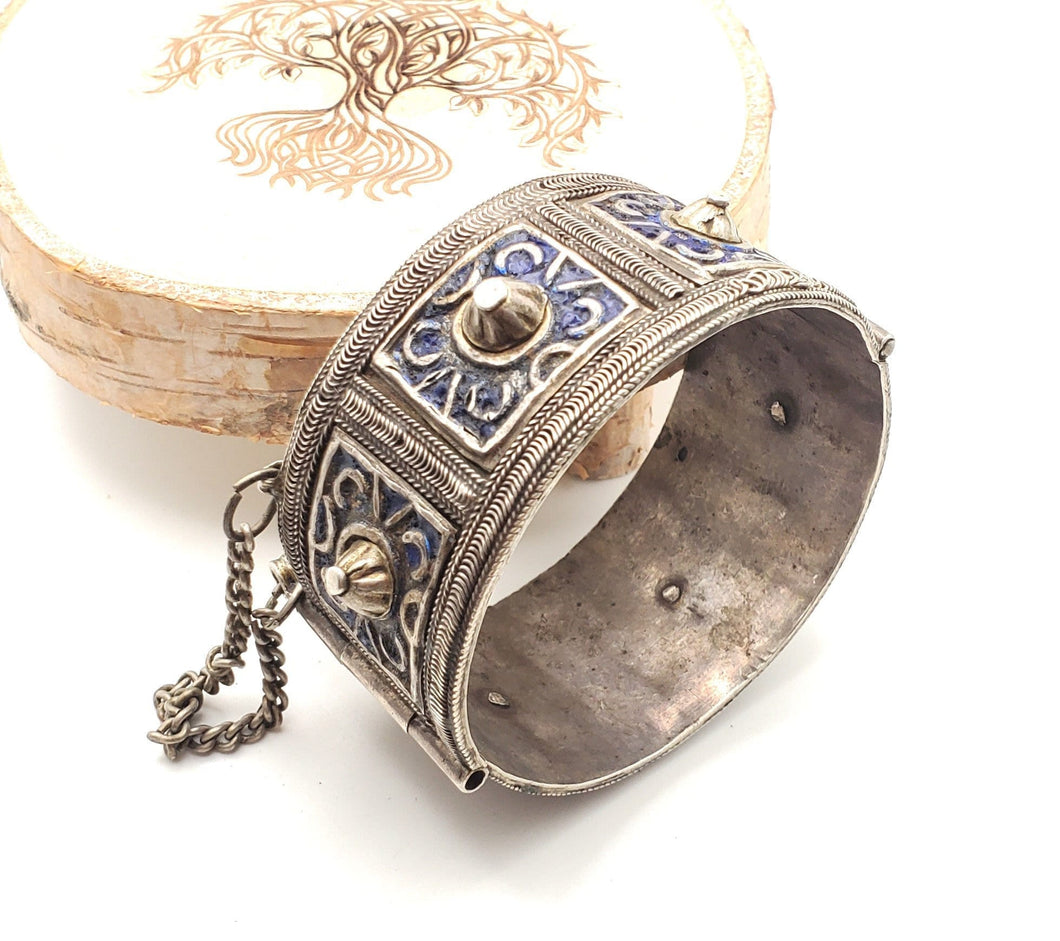 Antique Silver Berber Bracelet: Moroccan Blue Enamel Tribal Jewelry