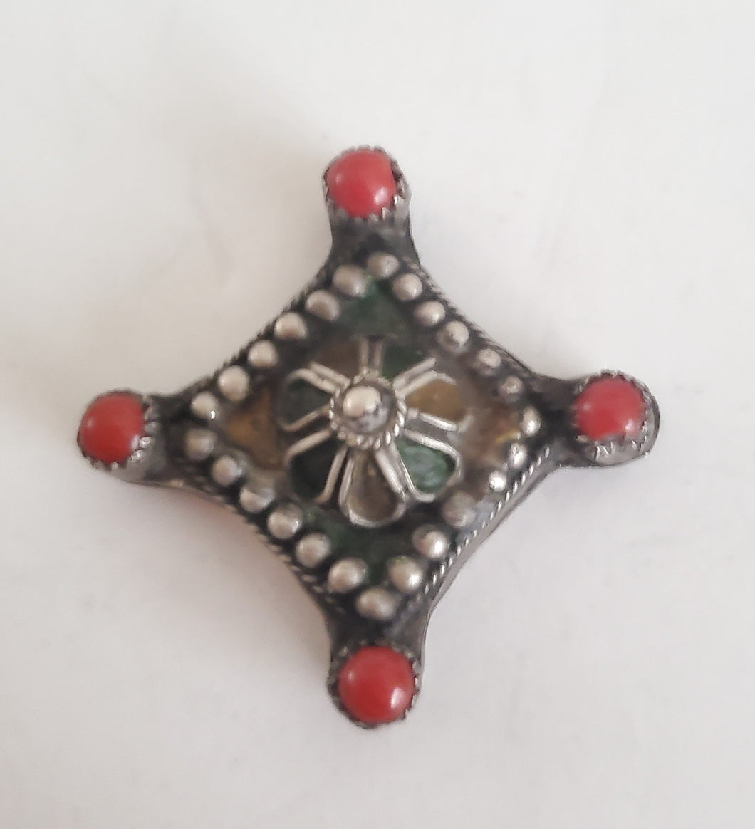 Antique Berber Silver Enamel Coral Pendant: Moroccan Amulet Jewelry