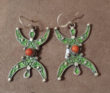 Load image into Gallery viewer, Moroccan Berber Sterling Silver Enamel Earrings: Red Coral Dangle Jewelry
