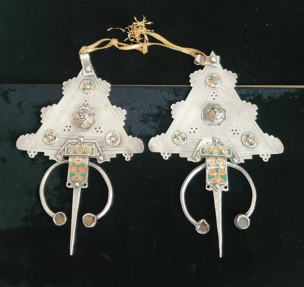Antique Berber Silver Fibulas: Moroccan Enamel Brooch, Ethnic Jewelry
