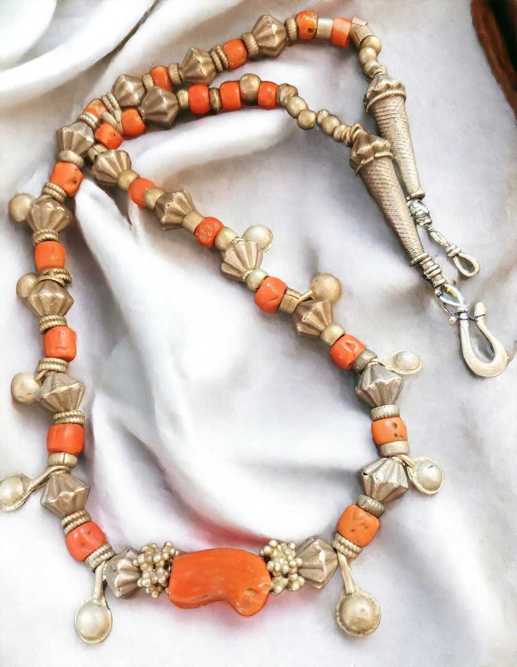 Antique Berber Coral Silver Bead Necklace: Rajasthan Tribal Jewelry