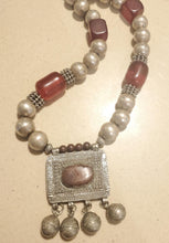 Load image into Gallery viewer, Antique Silver Amulet Necklace: Agate &amp; African Amber, 1910s Bedouin Tribal Jewelry

