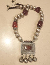 Load image into Gallery viewer, Antique Silver Amulet Necklace: Agate &amp; African Amber, 1910s Bedouin Tribal Jewelry
