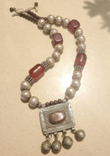 Load image into Gallery viewer, Antique Silver Amulet Necklace: Agate &amp; African Amber, 1910s Bedouin Tribal Jewelry
