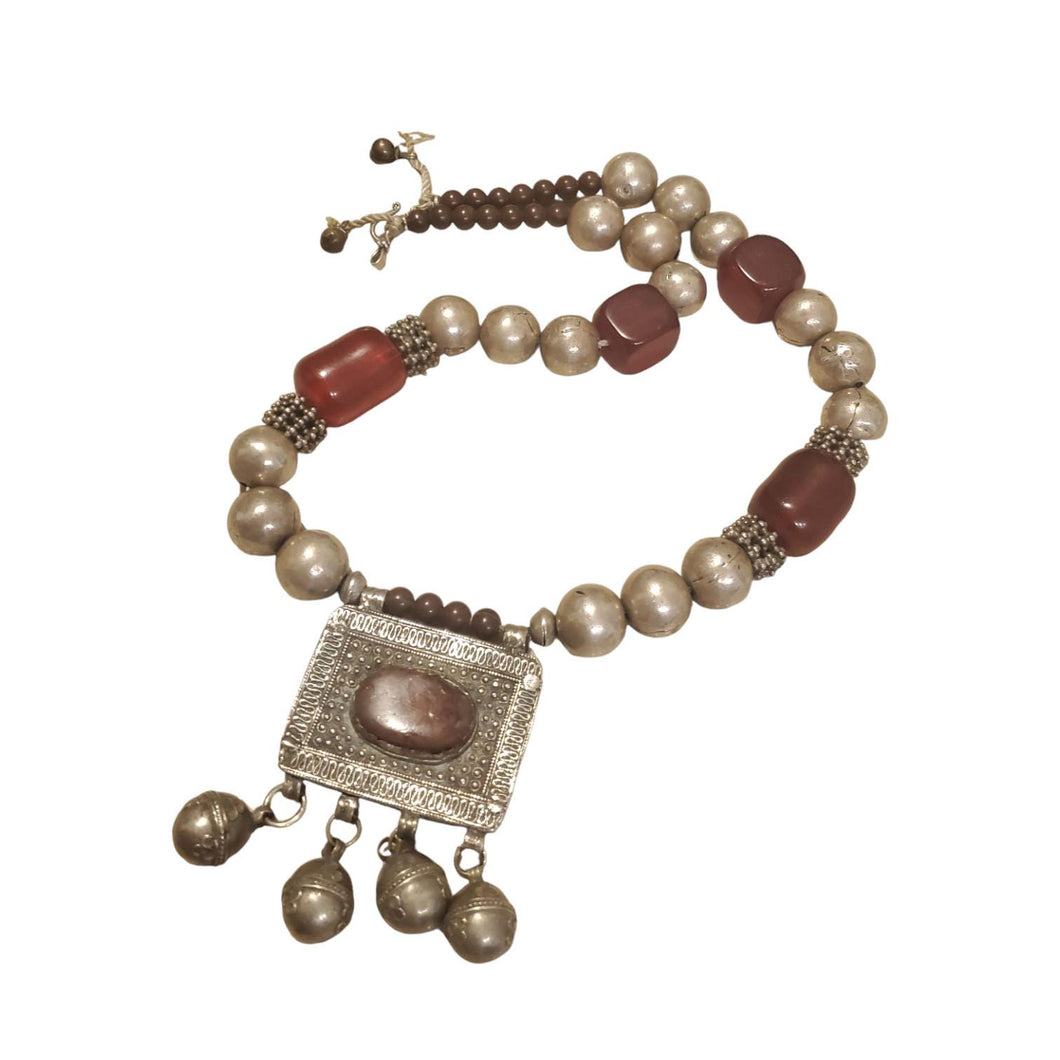 Antique Silver Amulet Necklace: Agate & African Amber, 1910s Bedouin Tribal Jewelry