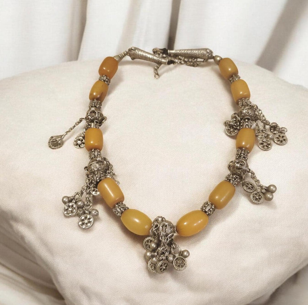 Antique Yemen Silver African amber with Dangle bells Necklace circa 1930s