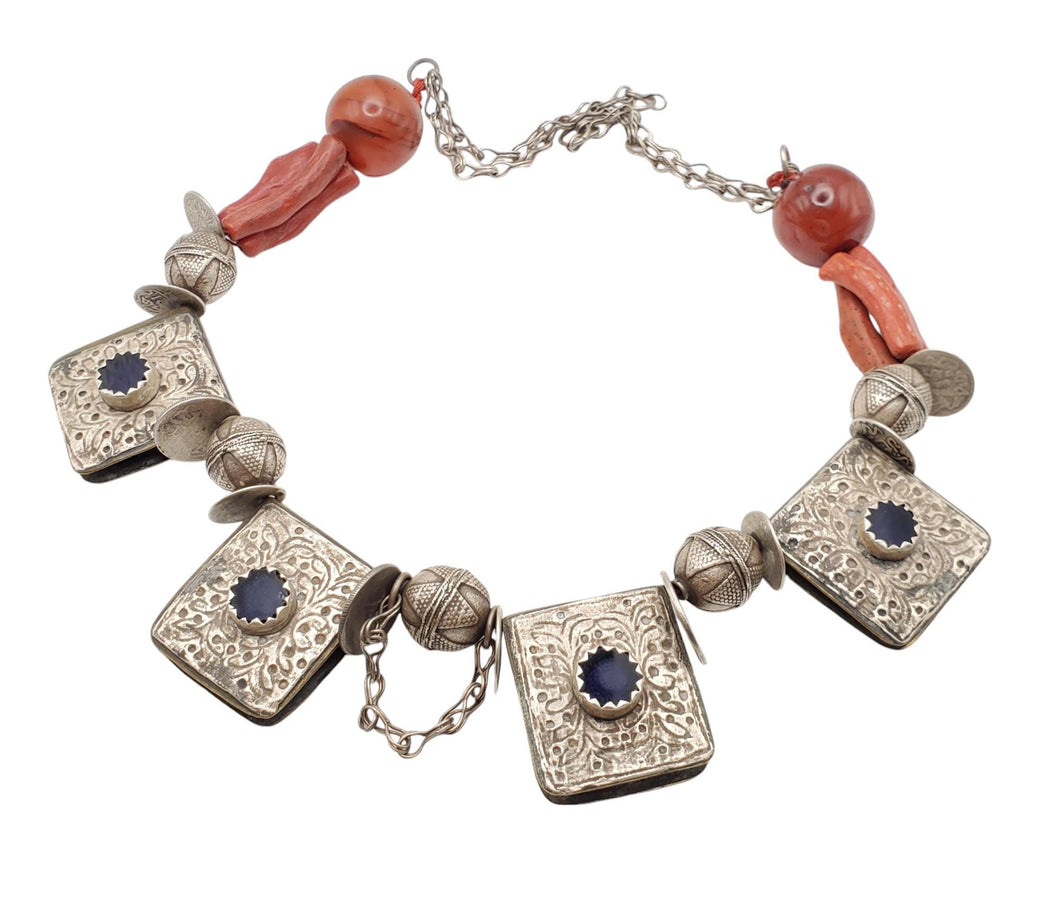 Antique Berber Coral Silver Pendant Necklace: Moroccan Tribal Jewelry