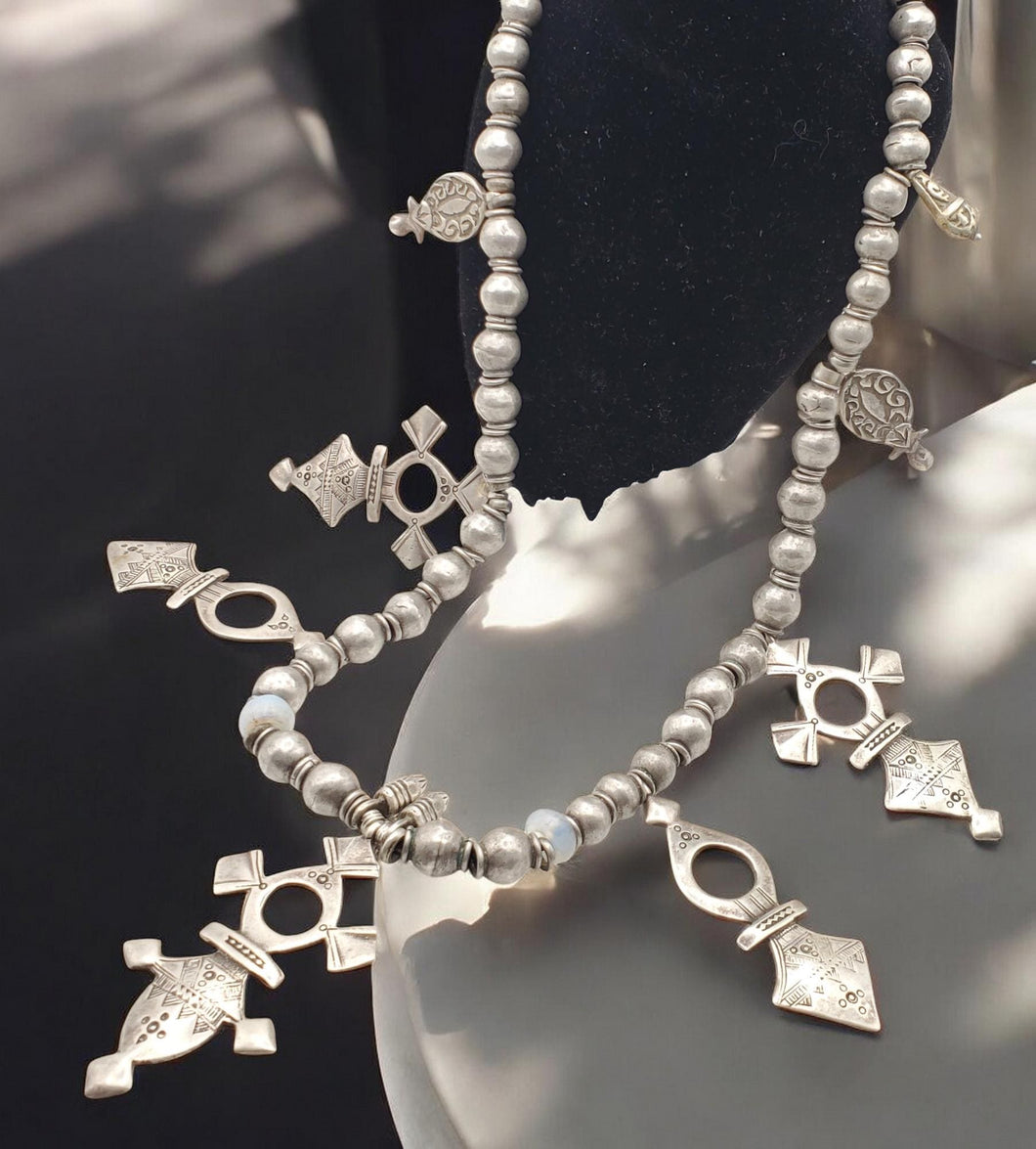 Handmade Sterling Silver Tuareg Necklace: Berber Jewelry, 1960s Beads