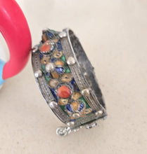 Load image into Gallery viewer, 1930s Kabyle Silver Cuff Bracelet: Enamel &amp; Red Coral Tribal Jewelry
