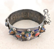 Load image into Gallery viewer, 1930s Kabyle Silver Cuff Bracelet: Enamel &amp; Red Coral Tribal Jewelry
