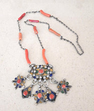 Load image into Gallery viewer, Antique Kabyle Coral Bead Necklace: Algerian Silver Pendants, Ethnic Jewelry
