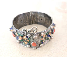 Load image into Gallery viewer, 1930s Kabyle Silver Cuff Bracelet: Enamel &amp; Red Coral Tribal Jewelry
