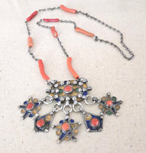 Load image into Gallery viewer, Antique Kabyle Coral Bead Necklace: Algerian Silver Pendants, Ethnic Jewelry
